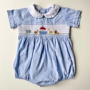 Anavini Vintage Blue Romper w/ Peter Pan Collar & Noah’s Ark Embroidery Size 24M